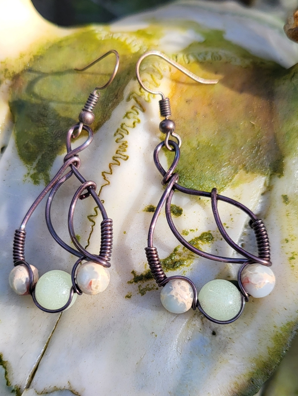 Green Glow Stone & Snake Skin Jasper Handmade Copper Boho Earrings